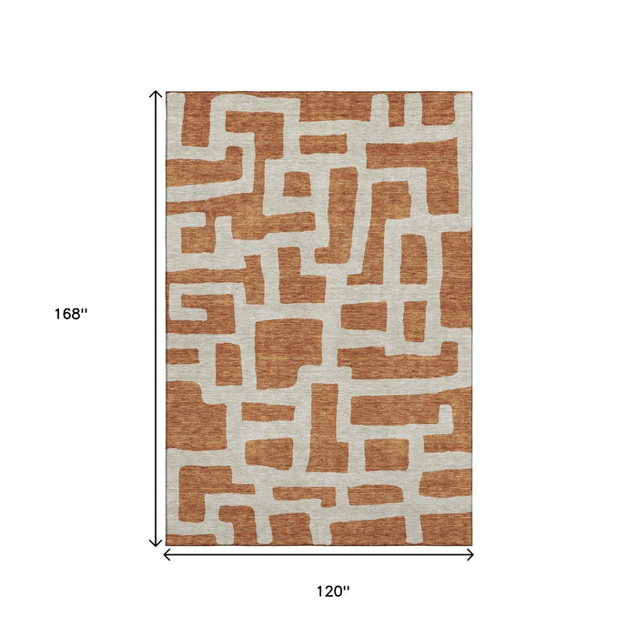 10' X 14' Abstract Geometric Washable Area Rug With UV Protection (671858) - Terra Cotta / Beige