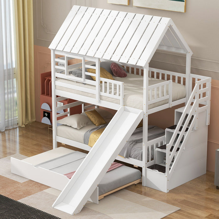 Giga house bunk bed with trundle, storage staircase, roof, and window design, featuring a cozy sleeping area for kids.