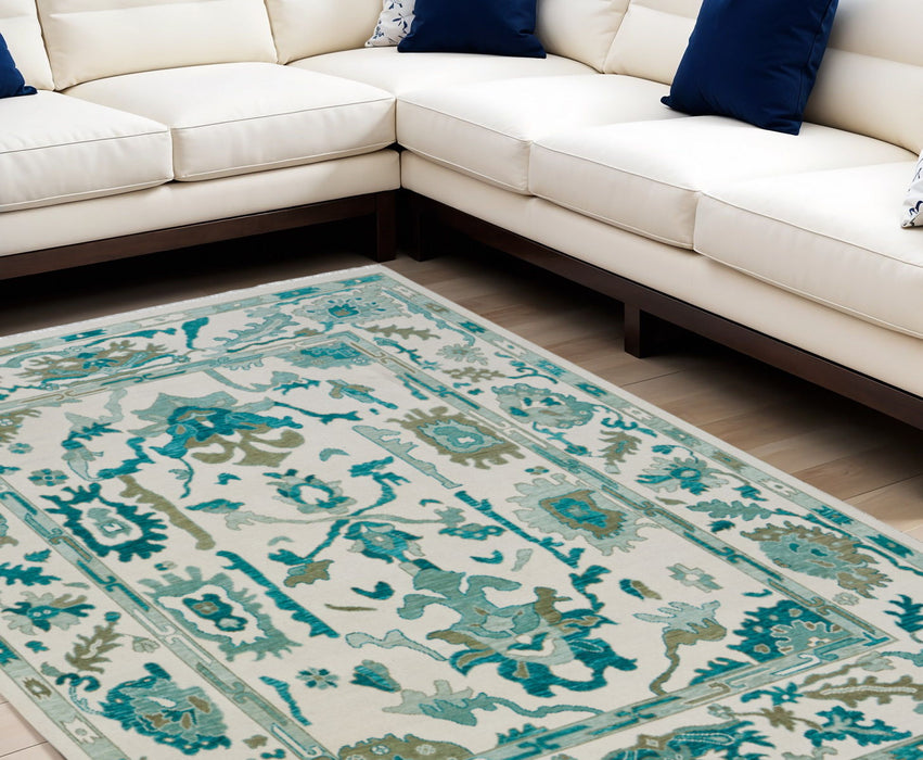 8' X 12' Wool Floral Hand Knotted Area Rug With Fringe - Green And Ivory