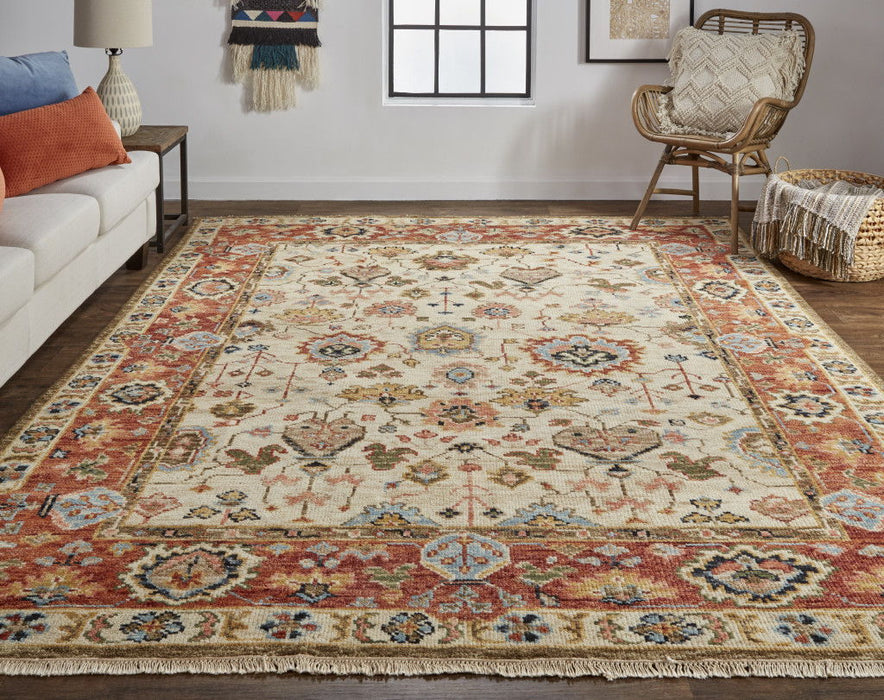 9' x 12' Wool Floral Hand Knotted Area Rug With Fringe - Red And Ivory
