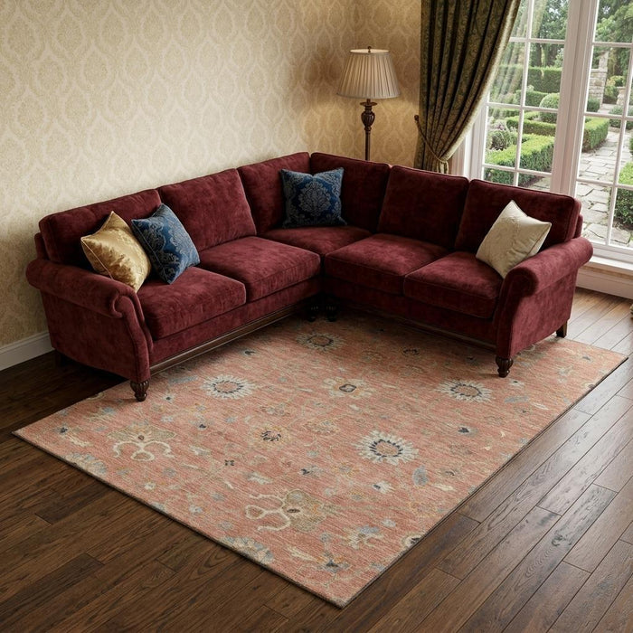 10' X 14' Floral Washable Area Rug With UV Protection (686138) - Pink / Denim Blue / Silver