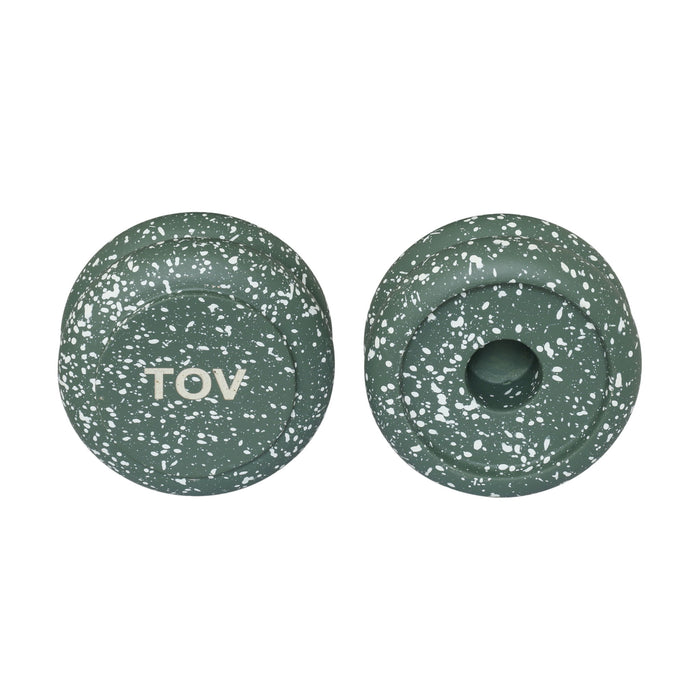 Set of two speckled green Gabby stacking candle holders by TOV Furniture, decorative candles with modern, minimalist design.