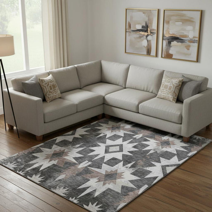 10' X 14' Diamond Washable Area Rug With UV Protection (707197) - Graphite / Brown / Ivory