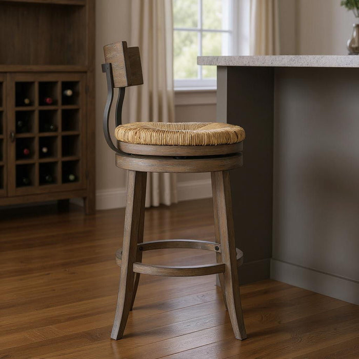 Rattan And Solid Wood Low Back Bar Height Swivel Bar Chair - Brown / Gray