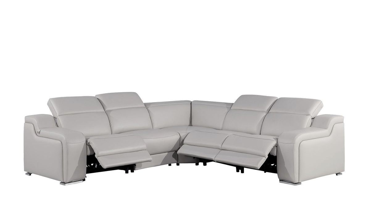 Italian Leather Power Reclining Curved Five Piece Corner Sectional With Console - Light Gray