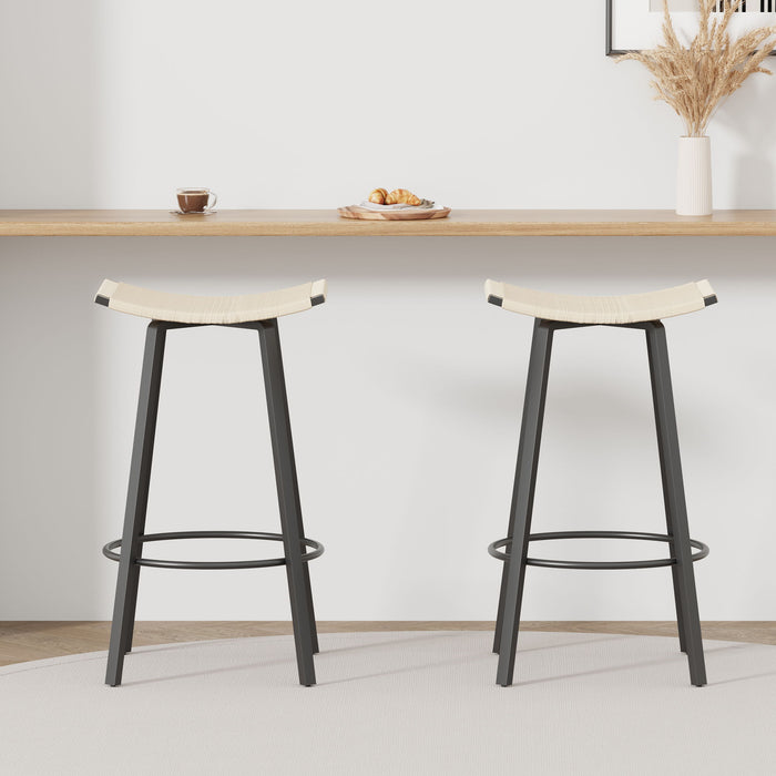 Set of two Giga backless counter height bar stools with handwoven cream-white seats and round footrests for kitchen or dining.