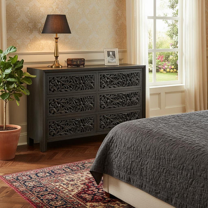 57" Solid Wood Six Drawer Dresser - Black