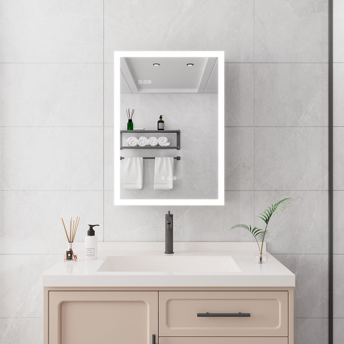 Giga LED bathroom medicine cabinet with mirror, built-in lights and defogger, modern wall-mounted storage for toiletries.