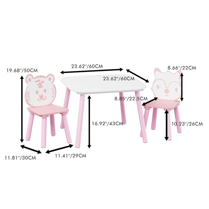 Pink and white wooden toddler table and chair set by Giga, featuring animal backrests for a child-friendly play area.