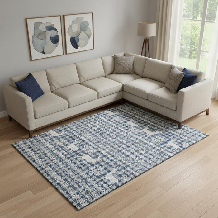 10' X 14' Abstract Geometric Washable Area Rug With UV Protection (701990) - Navy Blue / Beige / Ivory