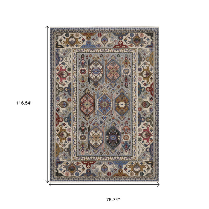 7' X 10' Oriental Area Rug With Fringe - Blue And Gray
