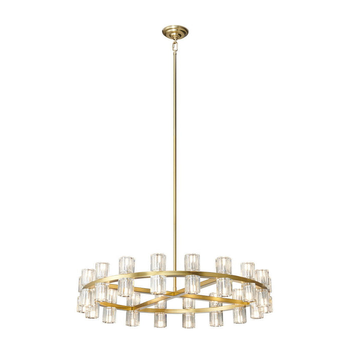 HomeRoots wagon wheel multi-light metal chandelier with gold finish and clear shades, featuring a circular design and multiple bulbs.