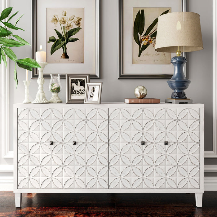 White wash Giga accent sideboard with four wooden doors, ideal for living room, entryway, or dining room storage.