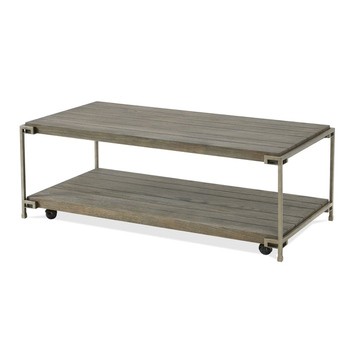 Giga Corbeta 3-piece metal frame wood table set including a coffee table and two chairside tables in aged graphite brown finish.