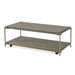 Giga Corbeta 3-piece metal frame wood table set including a coffee table and two chairside tables in aged graphite brown finish.