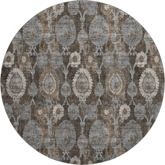 8' Damask Washable Round Rug With UV Protection - Chocolate