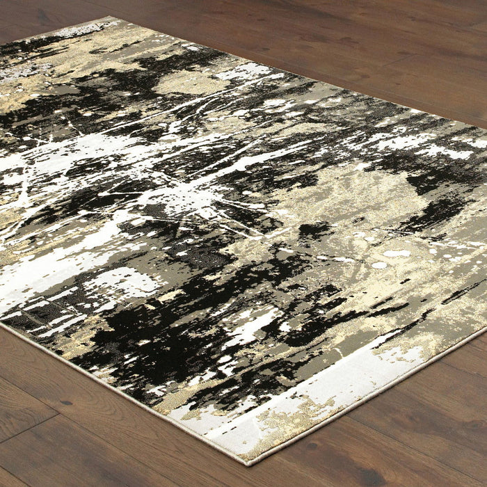 10' x 13' Abstract Power Loom Stain Resistant Area Rug - Black Gold Gray And Ivory