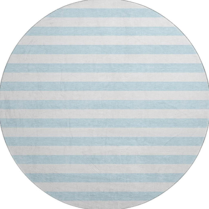 8' Striped Washable Round Rug With UV Protection (647659) - Sky Blue / Ivory
