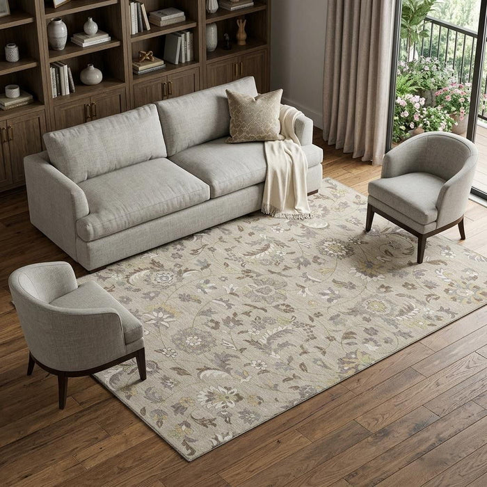 10' X 14' Floral Washable Area Rug With UV Protection (678958) - Beige / Gray / Ivory