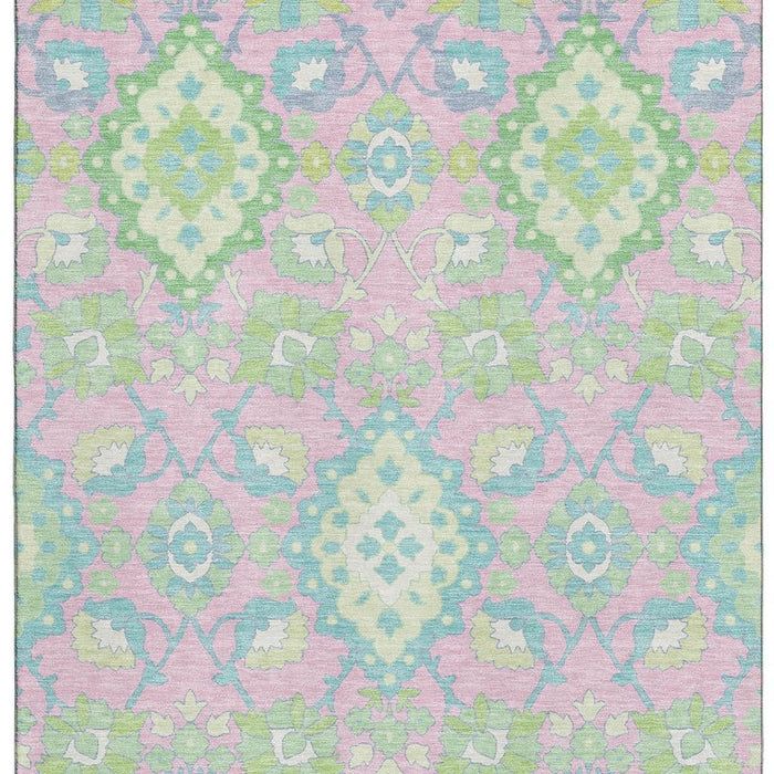 10' X 14' Oriental Washable Area Rug With UV Protection (678868) - Pink / Teal / Lime Green