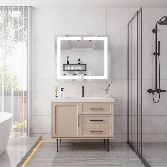 Giga medicine cabinet with LED vanity mirror, anti-fog, waterproof, and dimmable touch switch, mounted on bathroom wall.