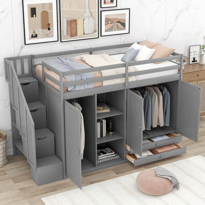 Giga loft bed with three shelves, two wardrobes, two drawers, and a ladder storage area in a modern bedroom setting.