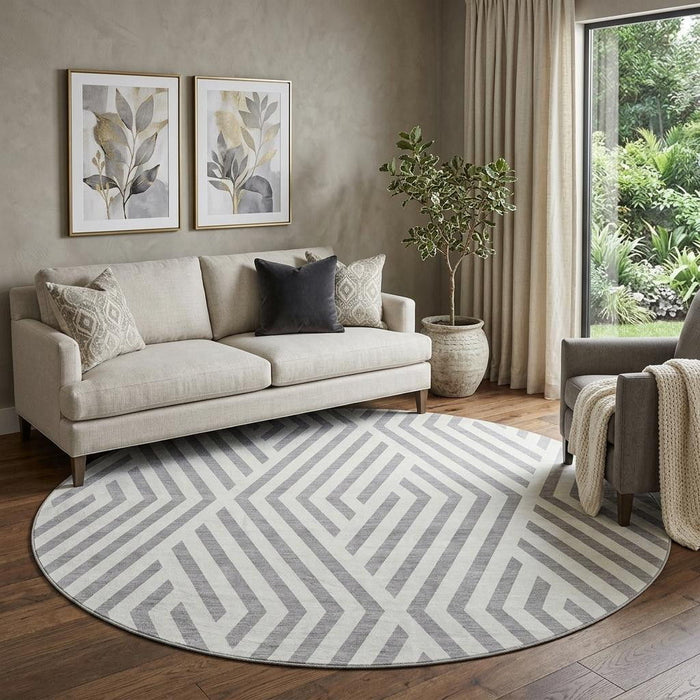 8' Geometric Washable Round Rug With UV Protection (648541) - Gray / Ivory