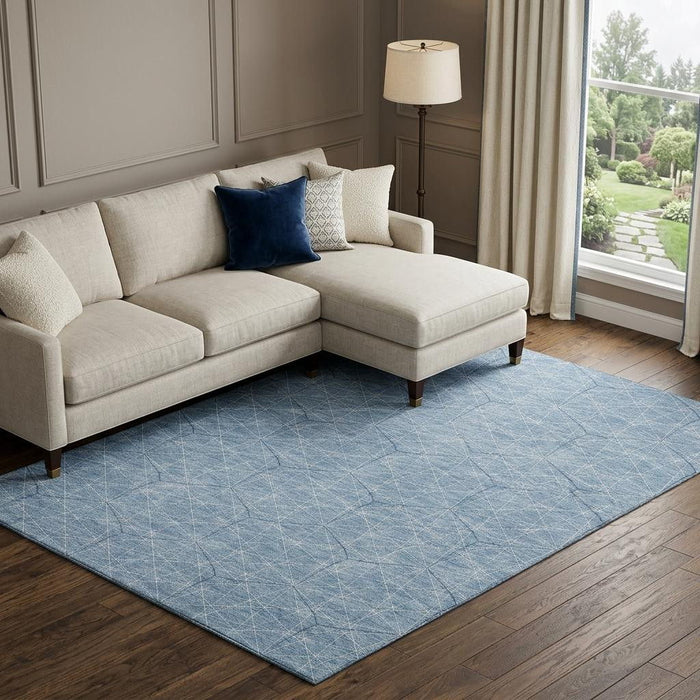 10' X 14' Geometric Washable Area Rug With UV Protection (677861) - Denim Blue / Ivory