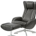 Black genuine leather tufted swivel recliner with matching ottoman by HomeRoots, featuring a manual reclining mechanism and plush upholstery.