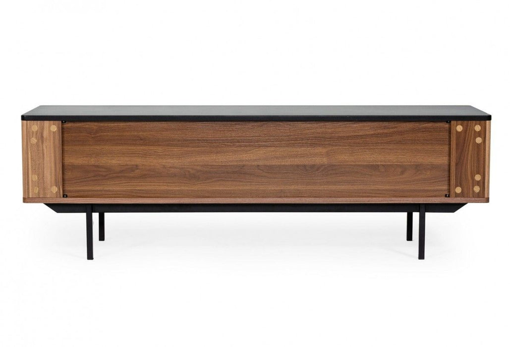 Gray and walnut 63-inch wood TV stand with open and enclosed storage compartments, designed by HomeRoots.