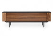 Gray and walnut 63-inch wood TV stand with open and enclosed storage compartments, designed by HomeRoots.