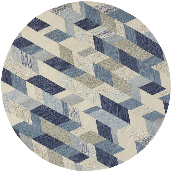 8' Round Wool Geometric Tufted Handmade Area Rug - Blue Ivory And Gray
