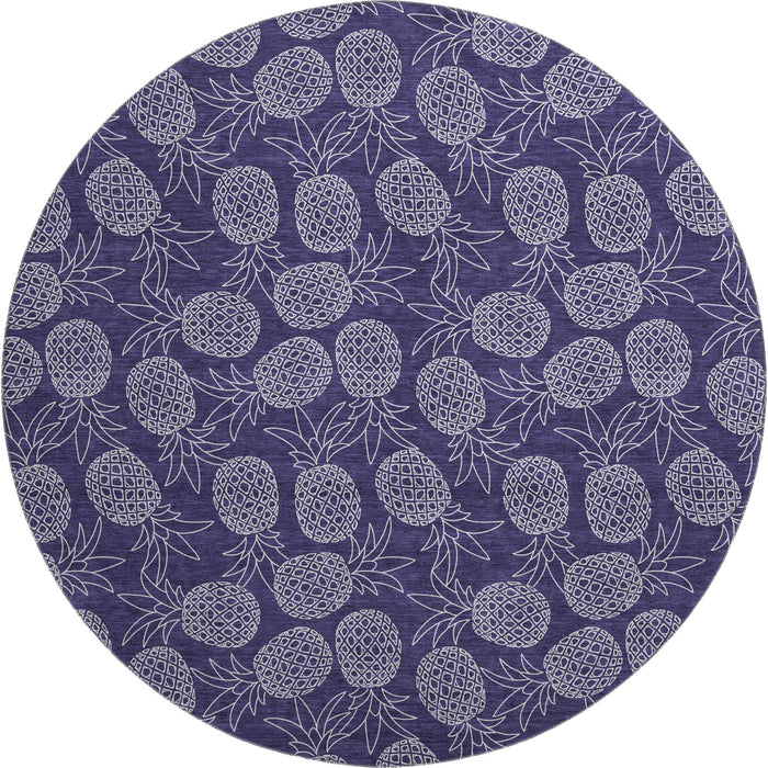 8' Boical Leaves Washable Round Rug With UV Protection - Blue And Ivory