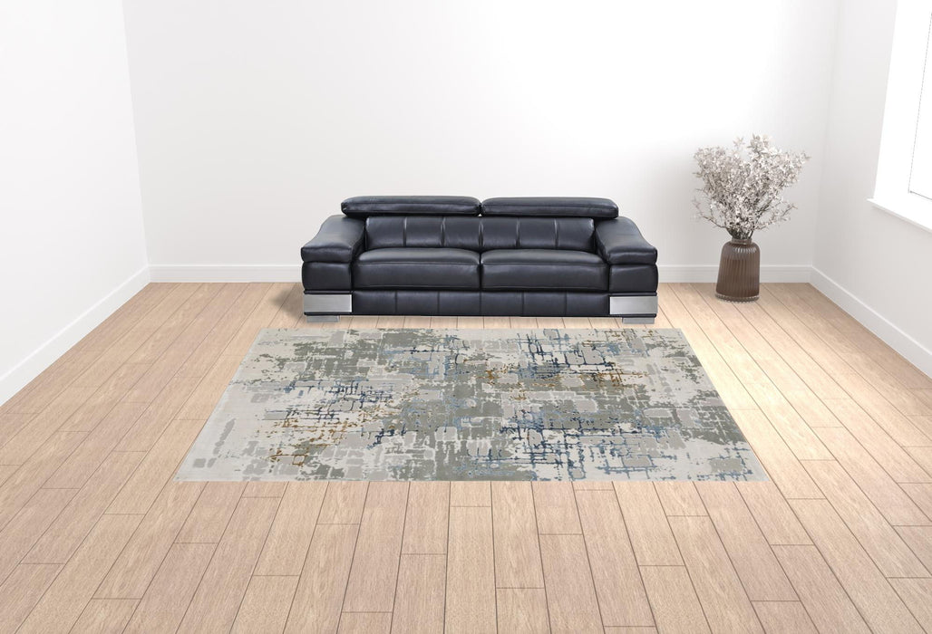 10' x 13' Abstract Power Loom Stain Resistant Area Rug - Gray Blue Brown Ivory And Deep Blue
