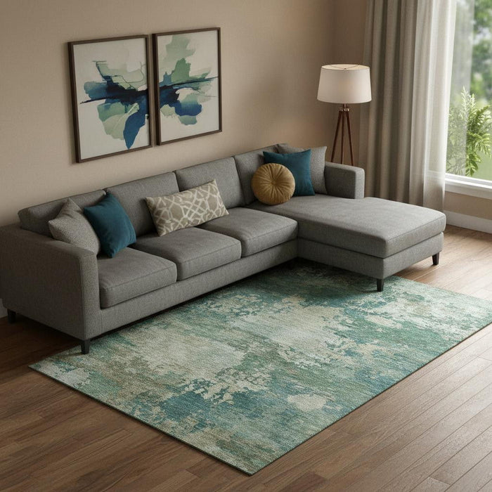 10' X 14' Abstract Washable Area Rug With UV Protection (717014) - Teal / Beige