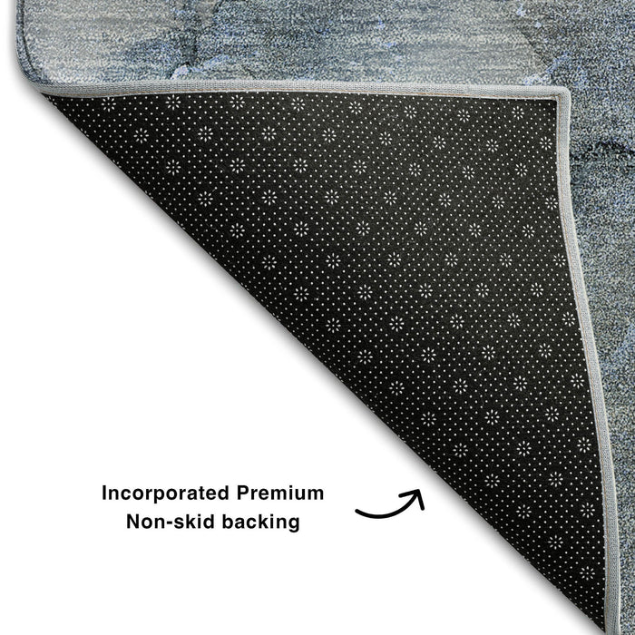 8' Abstract Washable Round Rug With UV Protection (647293) - Blue / Gray / Ivory