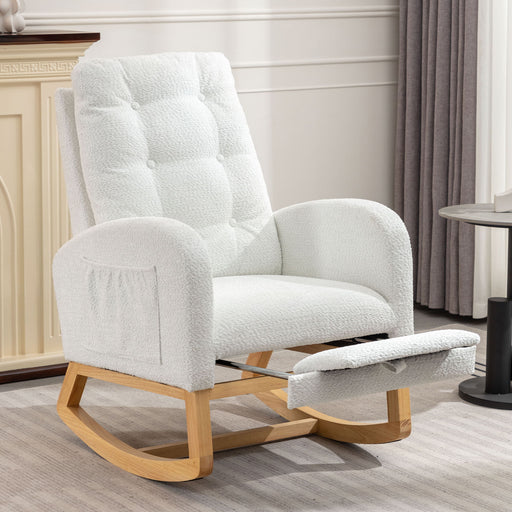 Giga accent rocking chair with high back and matching footrest, featuring plush cushioning and wooden armrests for added comfort.
