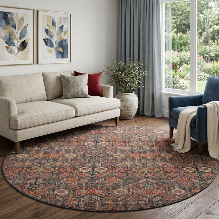 8' Tribal Washable Round Rug With UV Protection (649897) - Red / Gold / Gray
