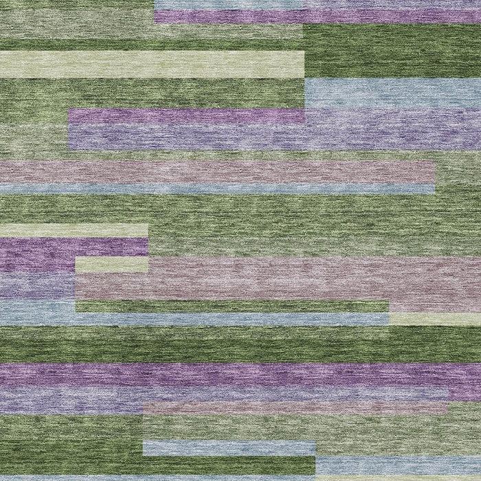10' X 14' Striped Washable Area Rug With UV Protection (675768) - Artichoke Green / Purple / Blue