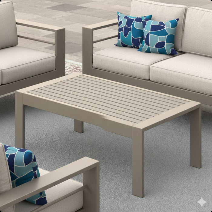 Giga all-weather outdoor coffee table with wood-look top, featuring a sturdy frame and sleek design for patio or garden use.