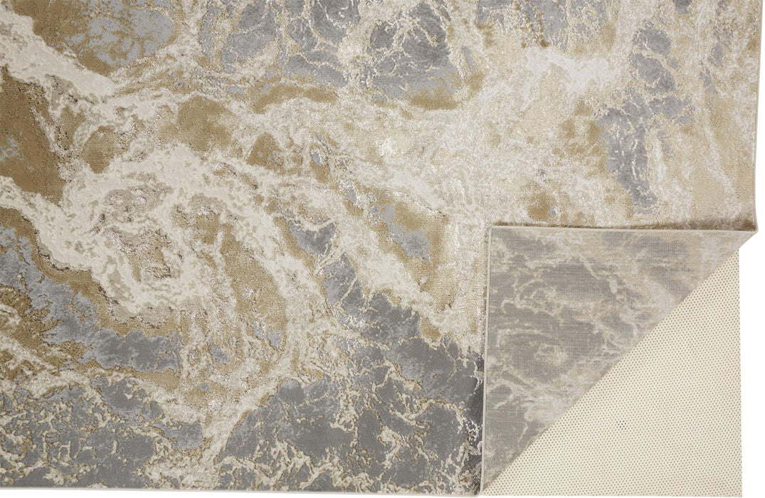 7' x 10' Abstract Stain Resistant Area Rug - Ivory Silver And Gold