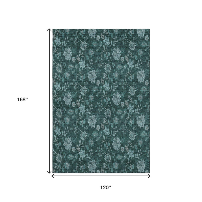10' X 14' Floral Washable Area Rug With UV Protection (655944) - Teal / Ivory