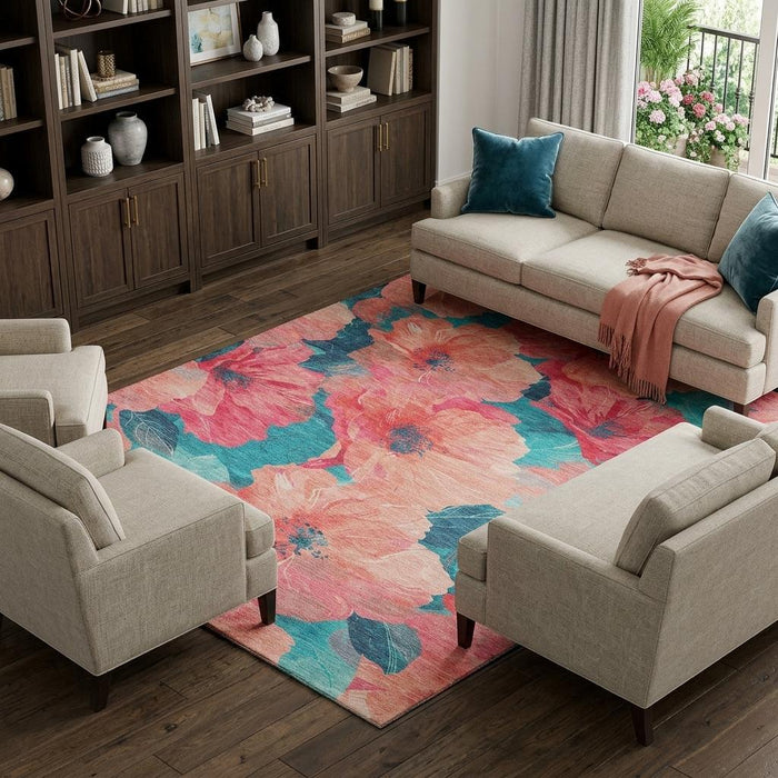 10' X 14' Floral Washable Area Rug With UV Protection (694346) - Salmon / Teal