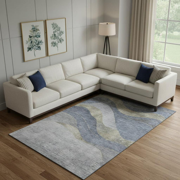 10' X 14' Abstract Washable Area Rug With UV Protection (707137) - Denim Blue / Gray