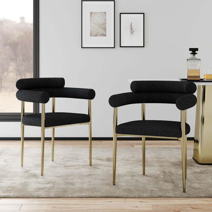 Set of 2 Giga mid-century modern dining chairs with boucle backrests and brushed metal legs, ideal for kitchen or dining room.