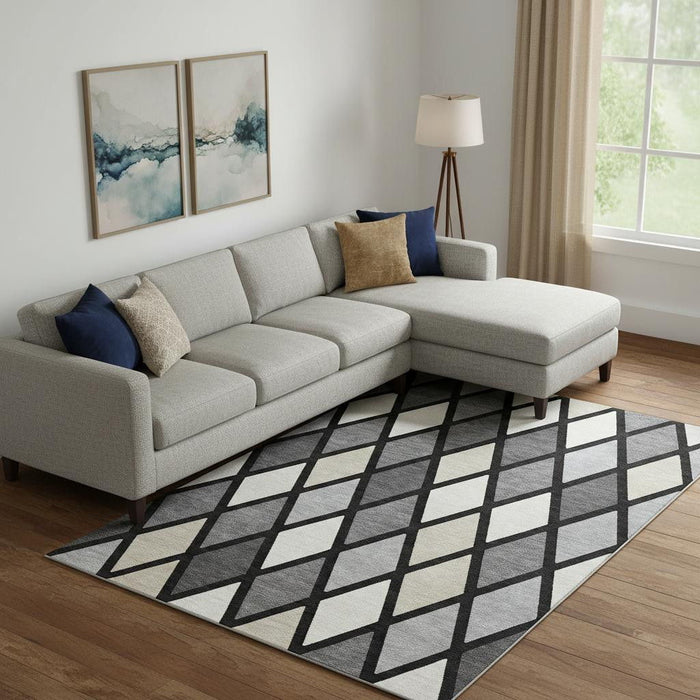 10' X 14' Geometric Washable Area Rug With UV Protection (670459) - Black / Ivory / Gray