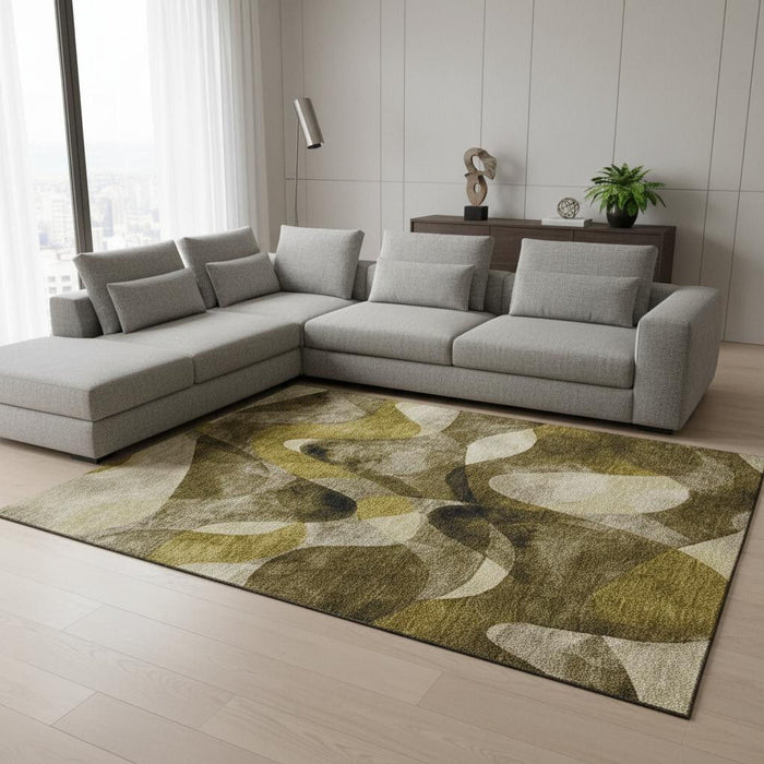 10' X 14' Abstract Washable Area Rug With UV Protection (648076) - Coffee / Gold / Ivory