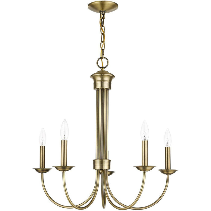 Five Light Metal Dimmable Chandelier With Shades - Antiqued Brass