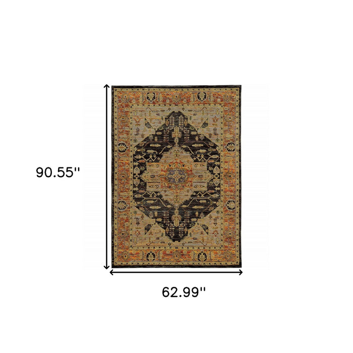 5' x 7' Oriental Power Loom Area Rug - Black And Gold