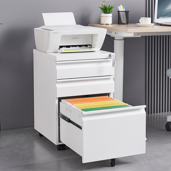 Giga contemporary 3-drawer metal filing cabinet with lock, office storage for legal and letter size documents, on wheels.